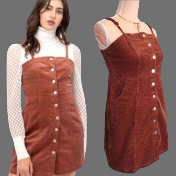 Y2K Brown Clay Boho Sleeveless Button Front Corduroy Mini Dress Large - Picture 6 of 16